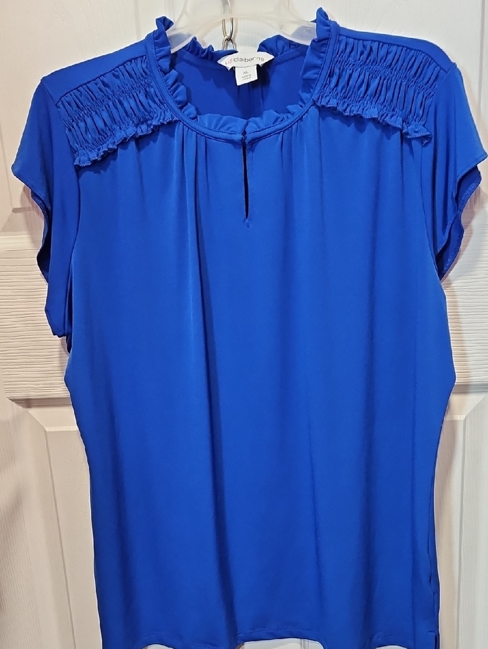 Liz Claiborne Royal Blue Smocked Yoke Short Sleeve Blouse